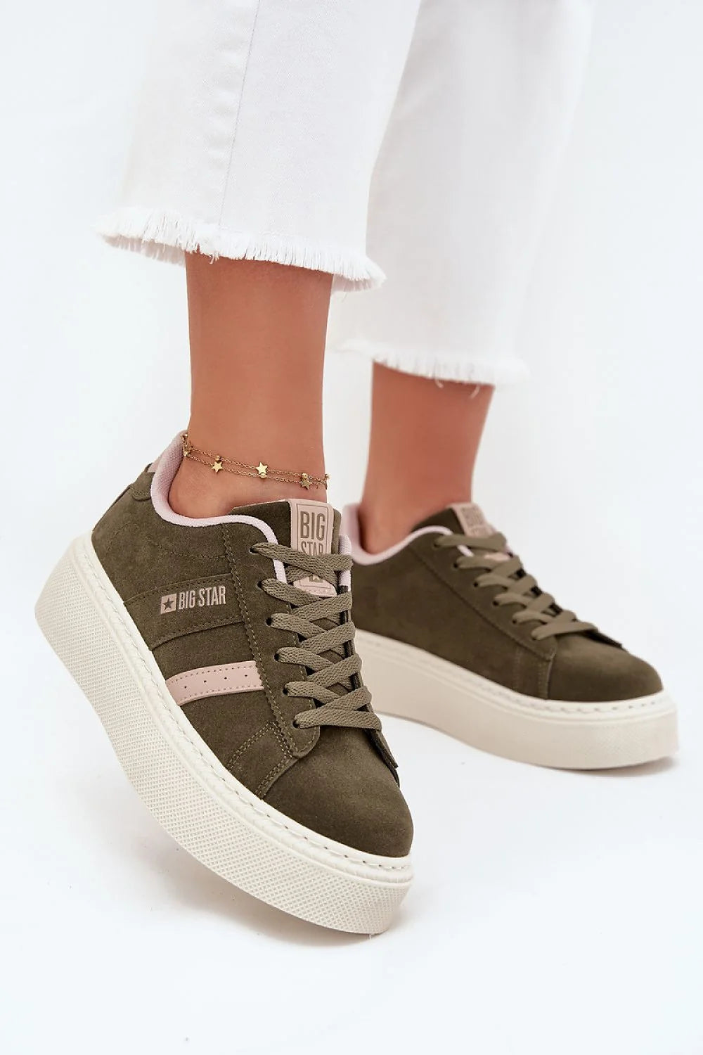 baskets femme BigStar suédine kaki olive doublure rosepale plateforme épaisse crème caoutchouc semelle intérieure souple lacets
