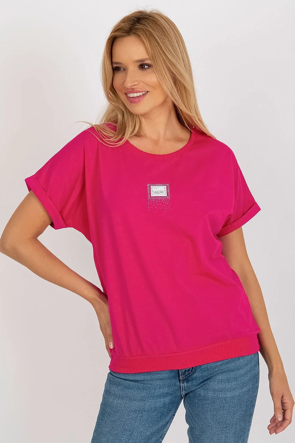 T-shirt femme décontracté moderne manches courtes col rond patch décoratif rose vif coton elasthanne