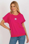 T-shirt femme décontracté moderne manches courtes col rond patch décoratif rose vif coton elasthanne
