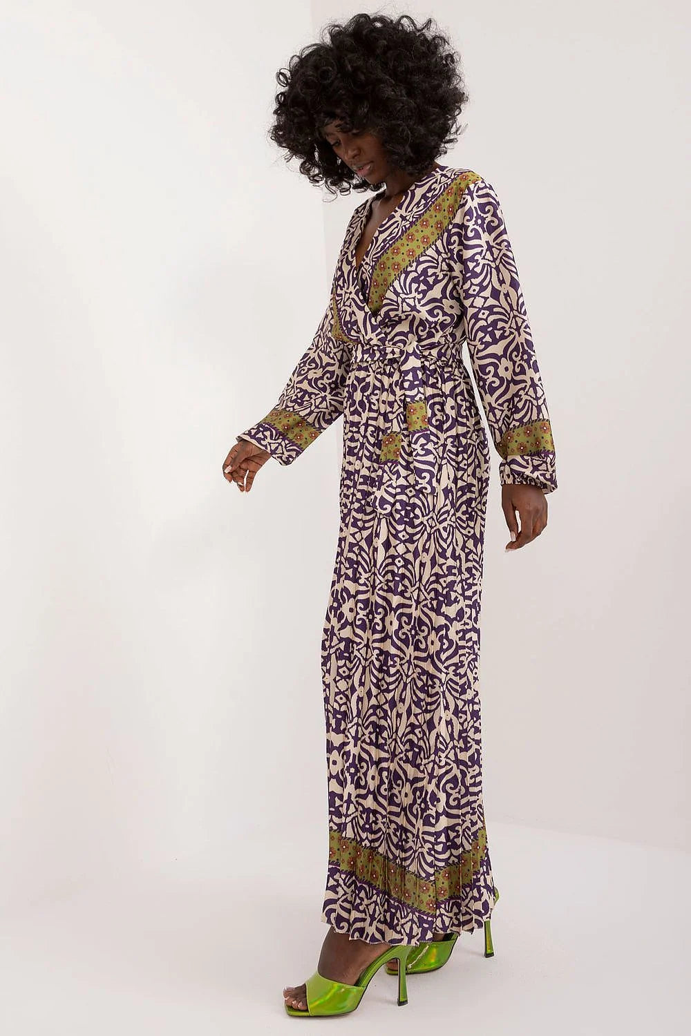 Robe longue colorée Italy Moda pour femme, imprimé tribal, manches longues, encolure V, ceinture incluse
