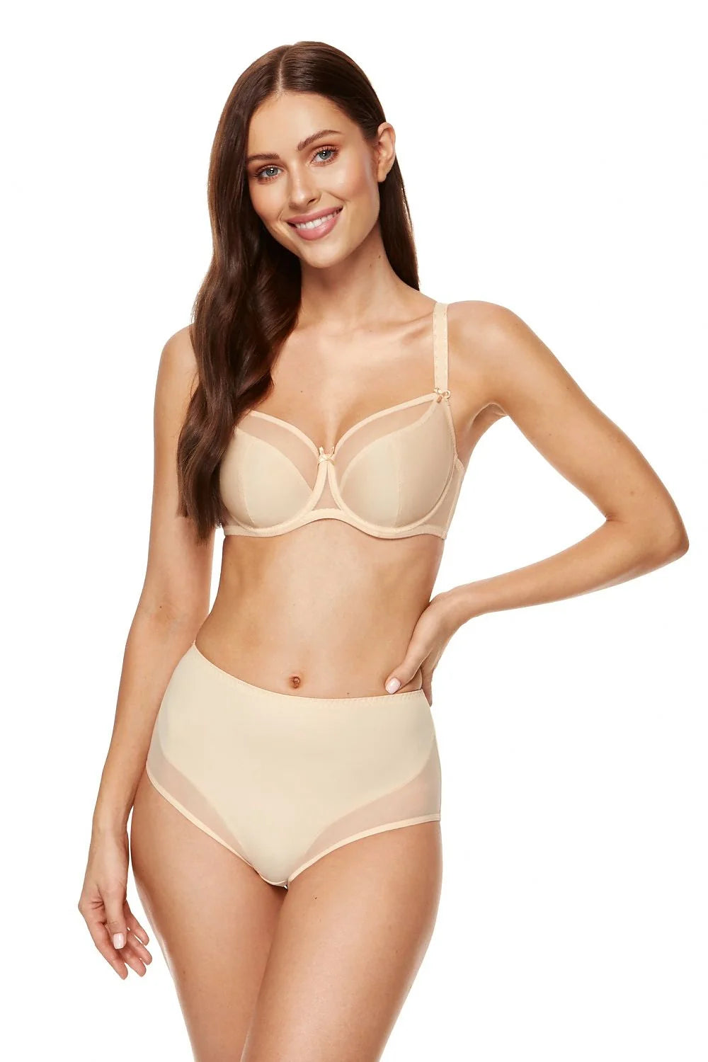Ensemble de lingerie féminine beige, soutien-gorge structuré et culotte midi en microfibre douce, confort et style pour toutes occasions, taille ajustable