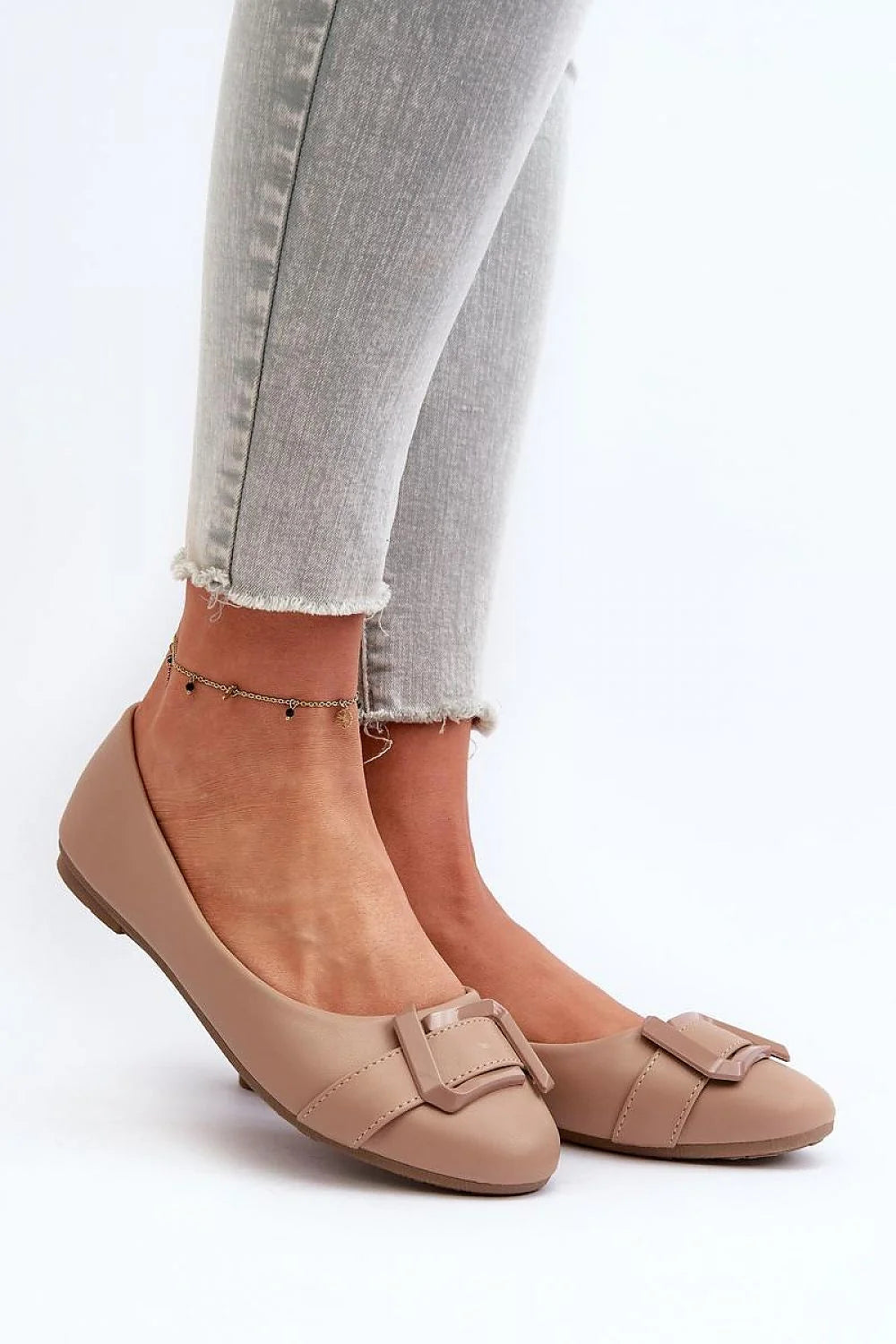 Ballerines en cuir artificiel style élégant beige bout arrondi bride décoration femmes occasion quotidienne