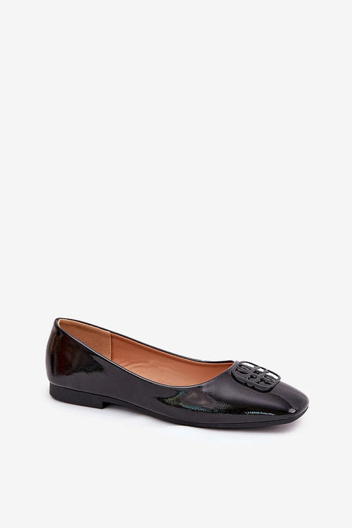 Ballerines élégantes pour femme en cuir verni noir bout carré motif brodé chaîne à la cheville confortable