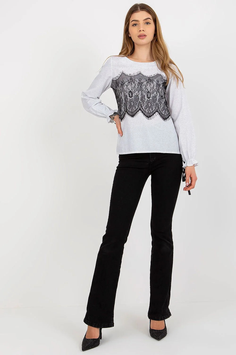 Chemisier Lakerta élégant pour femme manches longues dentelle noire rubans poignets tissu coton 100 % ajusté silhouette