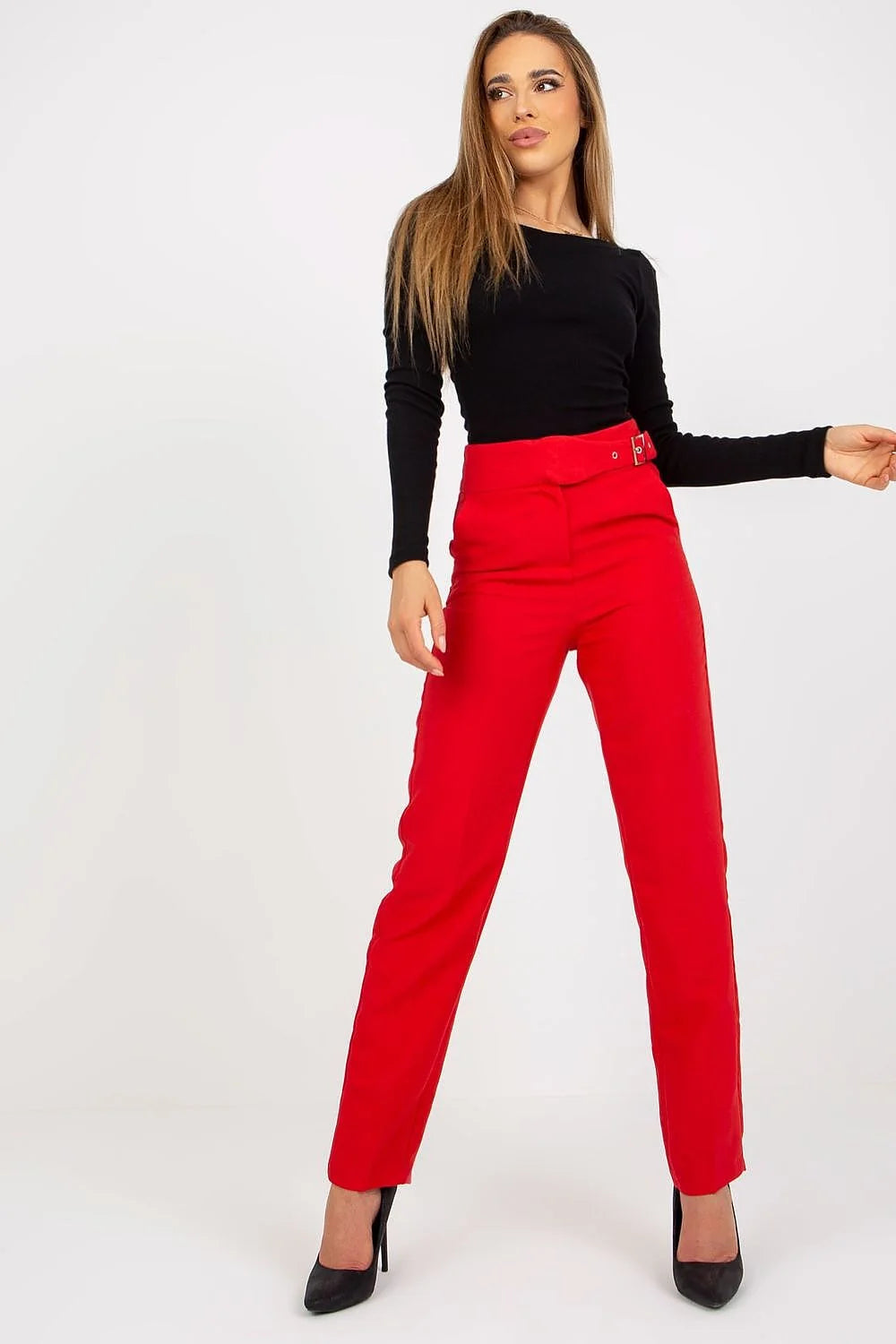 Pantalon long Xsapienza pour femme taille haute jambes droites couleur rouge vif polyester viscose