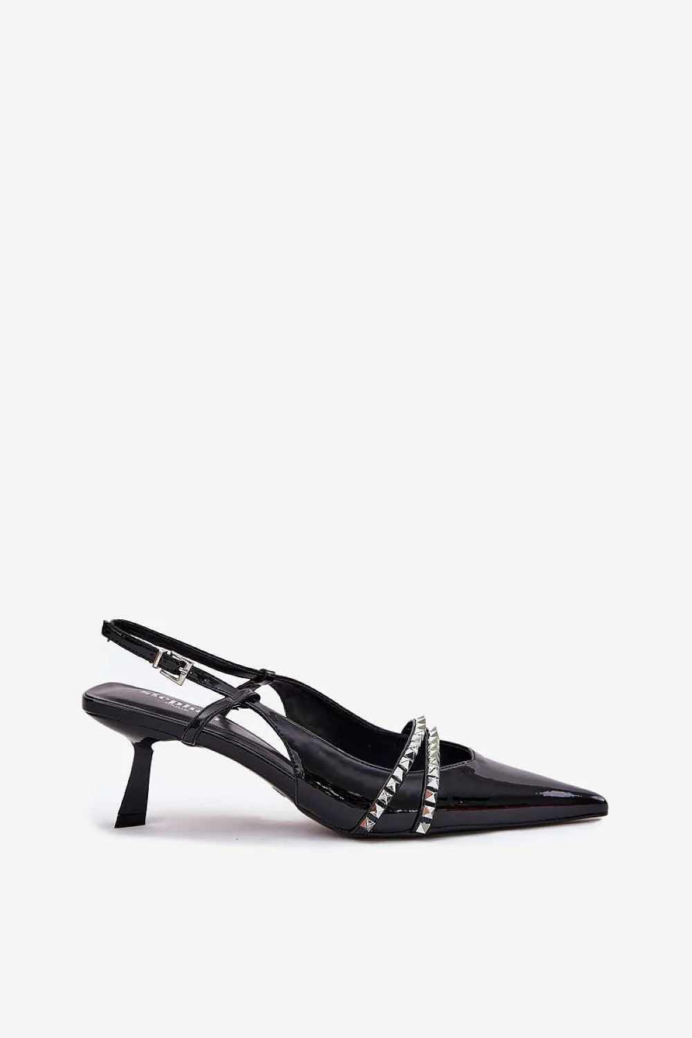 Escarpins à talons fins en cuir écologique noir vernis boucle ajustable bout pointu clous métalliques femmes