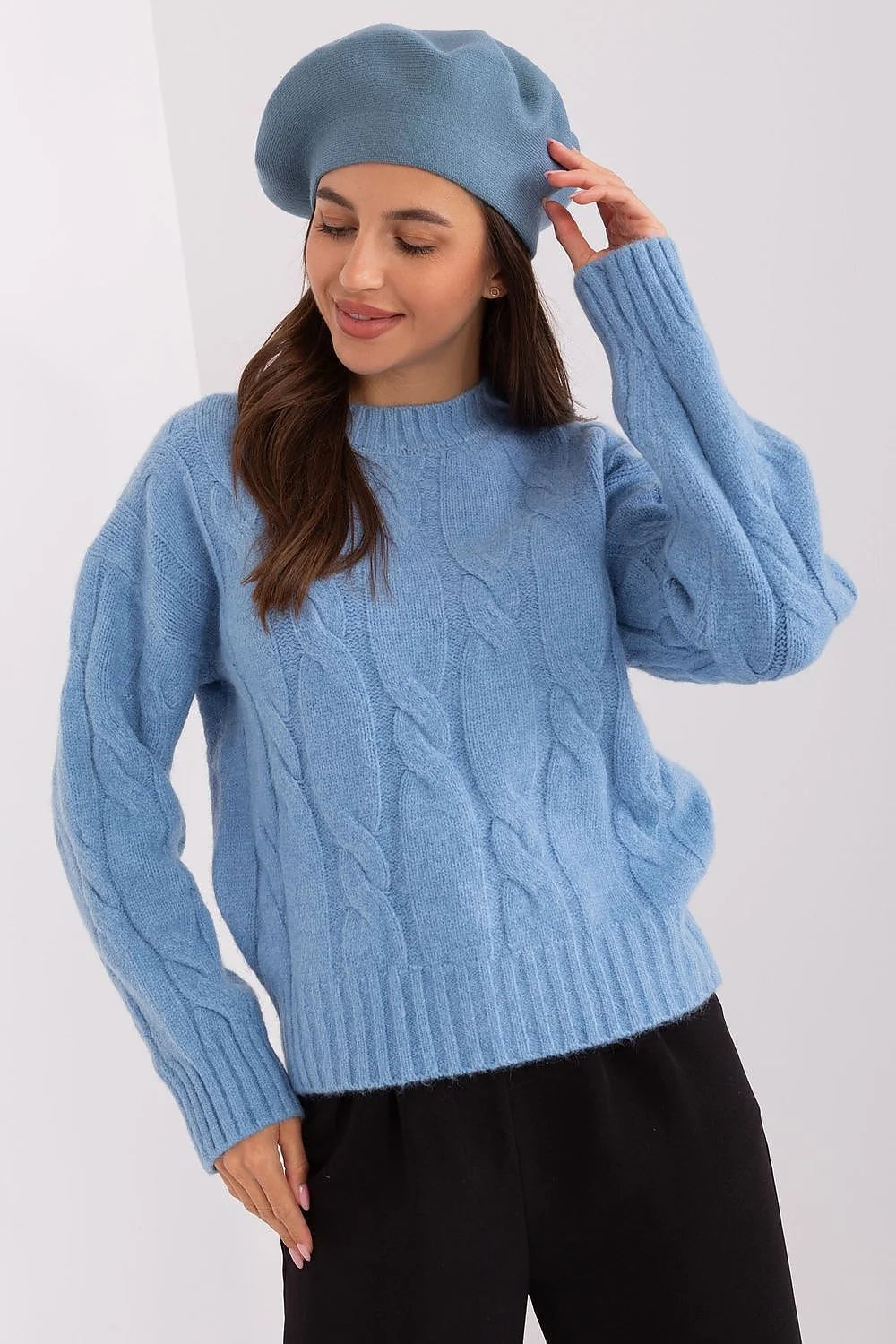 Pullover femme style décontracté élégant motif matelassé bleu clair longues manches col rond coupe ample