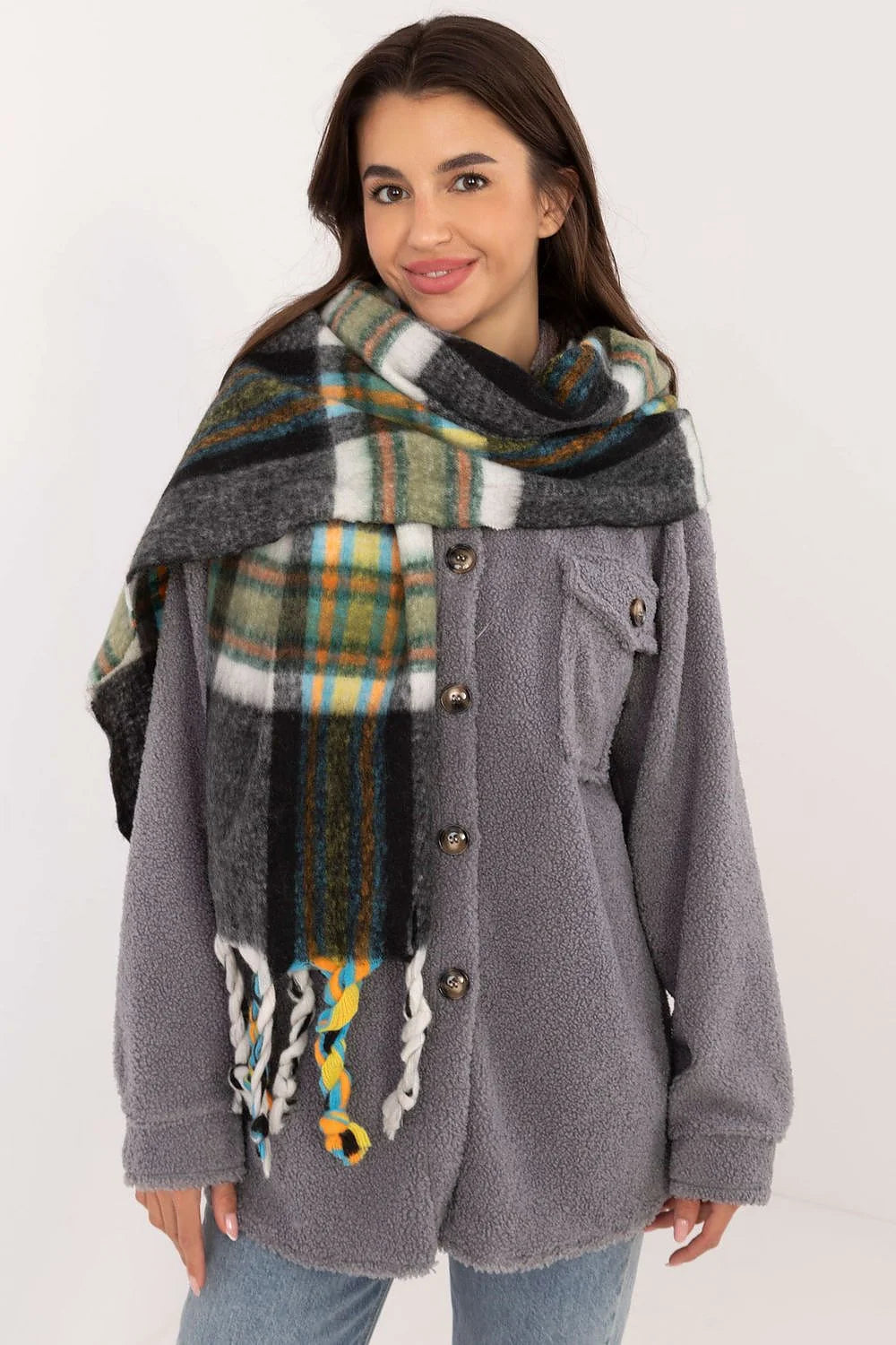 châle oversize carreaux multicolore tartan polyester doux moelleux franges tressées torsades 182cm longue grand hiver femme casual urbain stylé