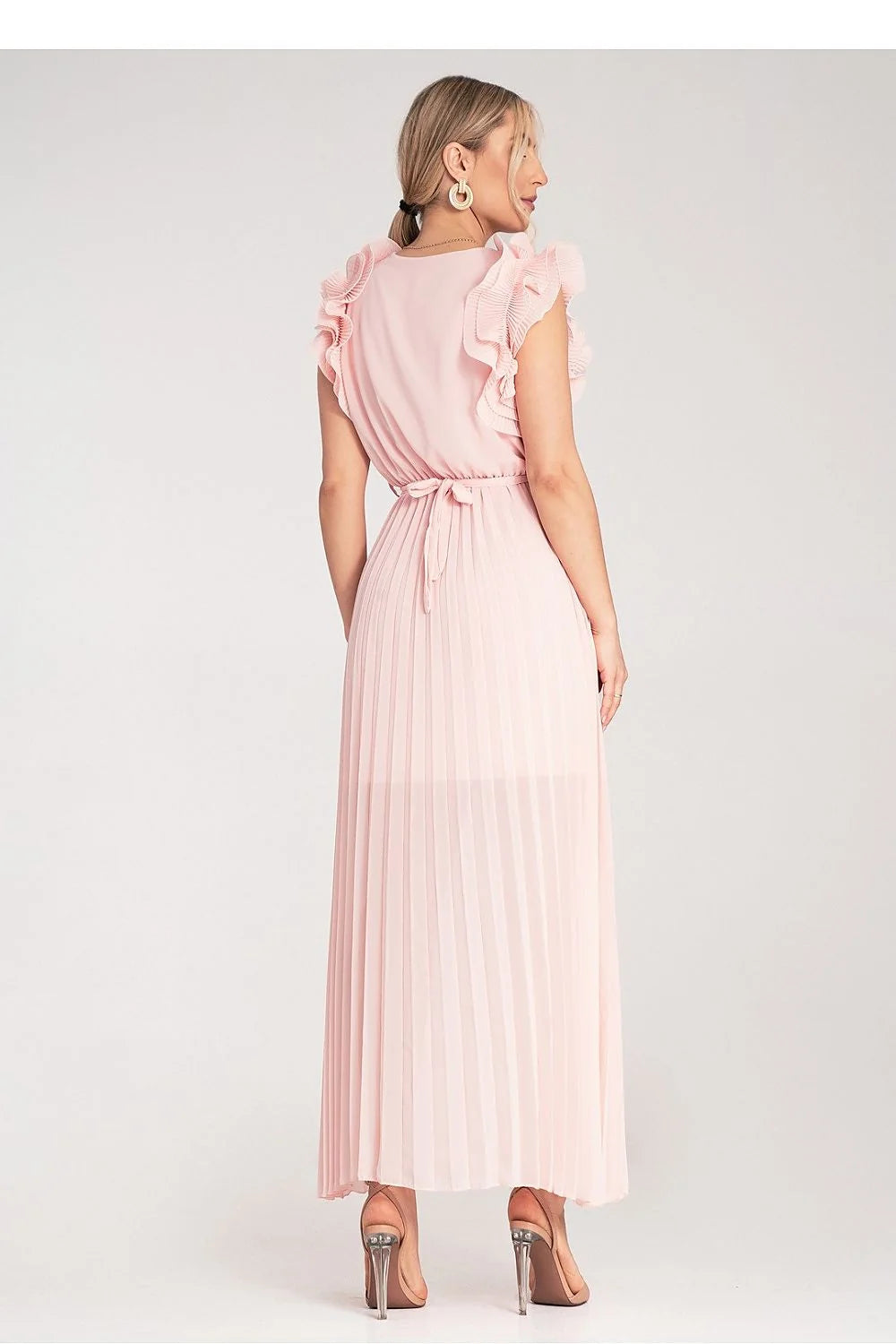 Robe de cocktail élégante longue sans manches en V rose pâle tissu léger volants épaules femmes occasion spéciale soirée mariage