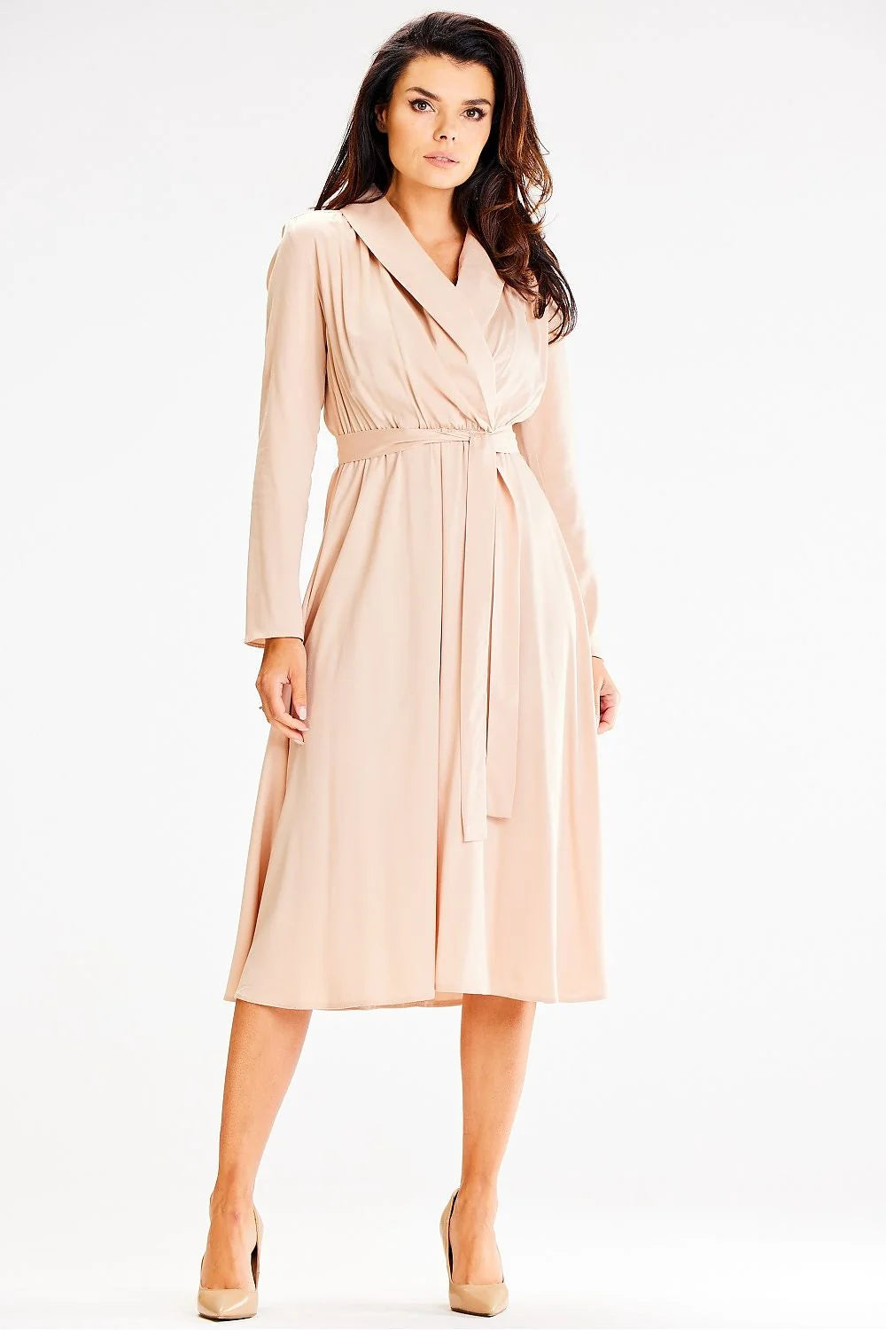 Robe élégante awama en viscose élasthanne manches longues col châle ceinture élastique beige femmes taille S M L XL