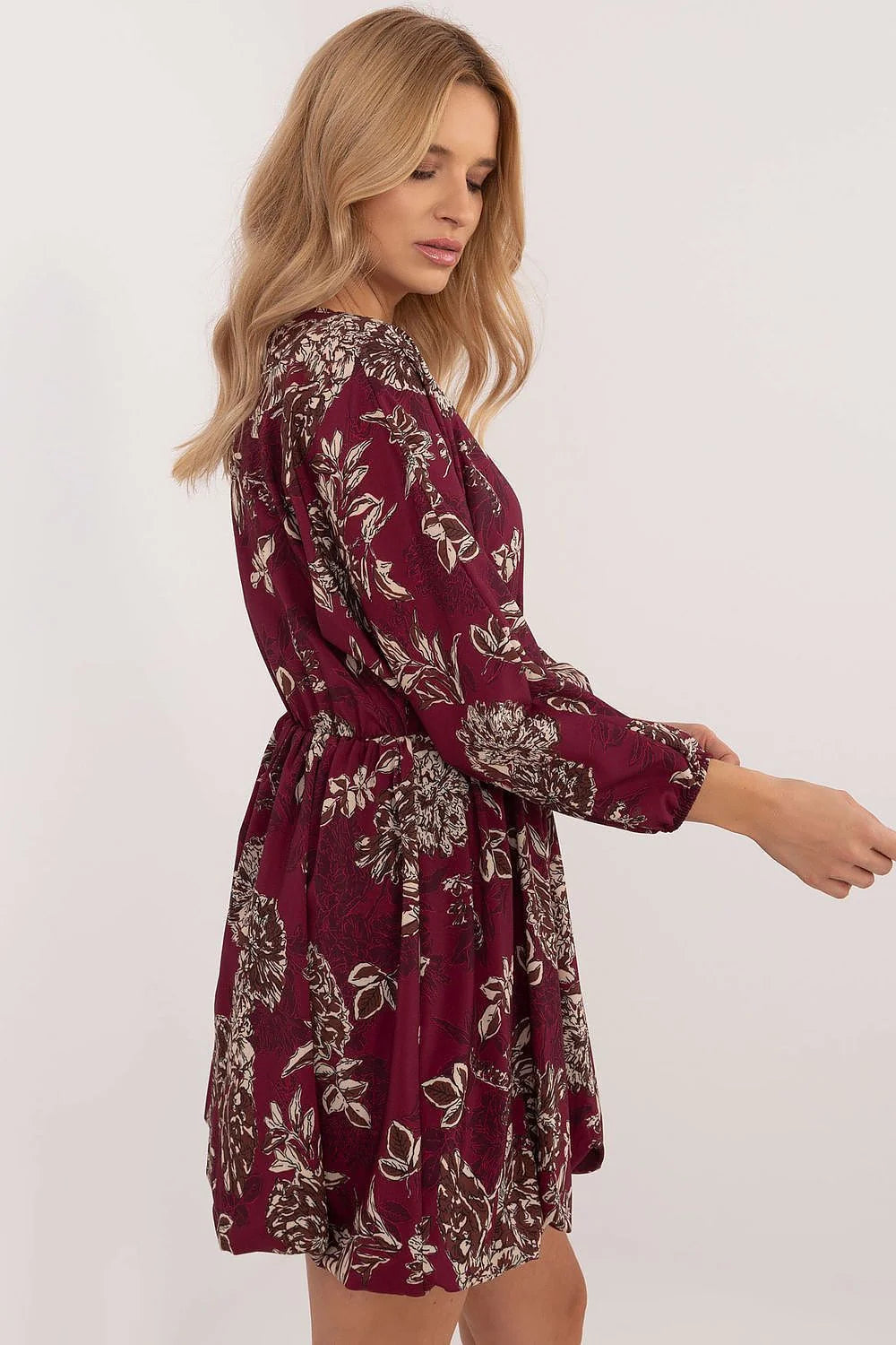 Robe féminine Italy Moda Floral Bordeau Polyester Viscose Manches longues évasées ceinture élastiquée occasion多种