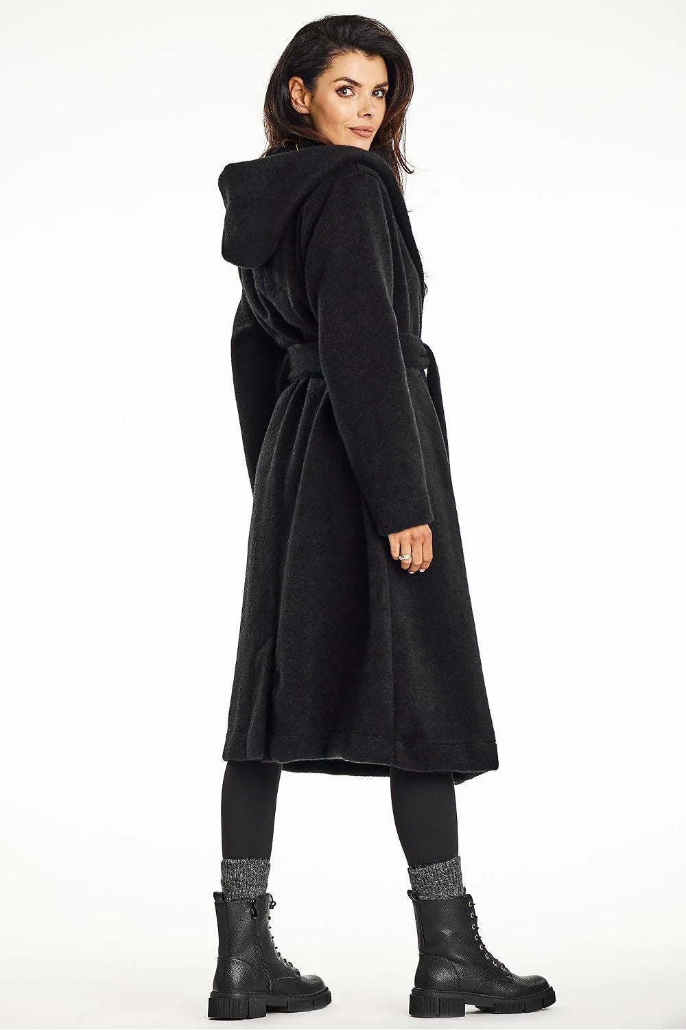 Manteau pour femme long noir à capuche et col châle en maille ourson AWAMA automne élégance style décontracté taille ajustable confort