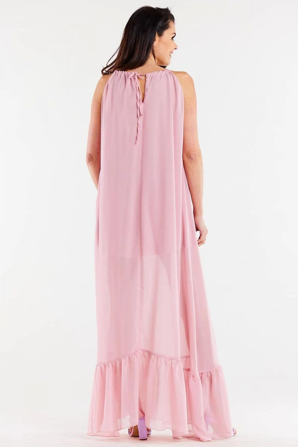 Robe de jour awama longue en mousseline de soie rose pâle encolure américaine volant large dos nu manches épaules féminine occasion formelle ou estivale