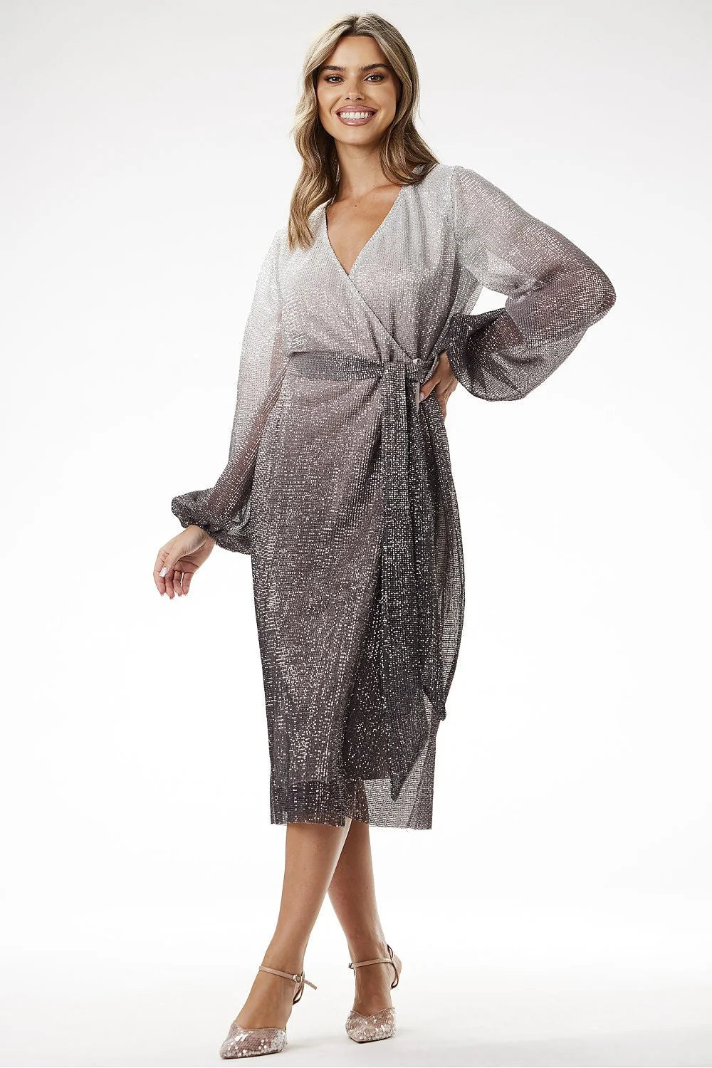 Robe de soirée élégante longue manches longues V croisé effet ombré tissu scintillant taille ajustable femme
