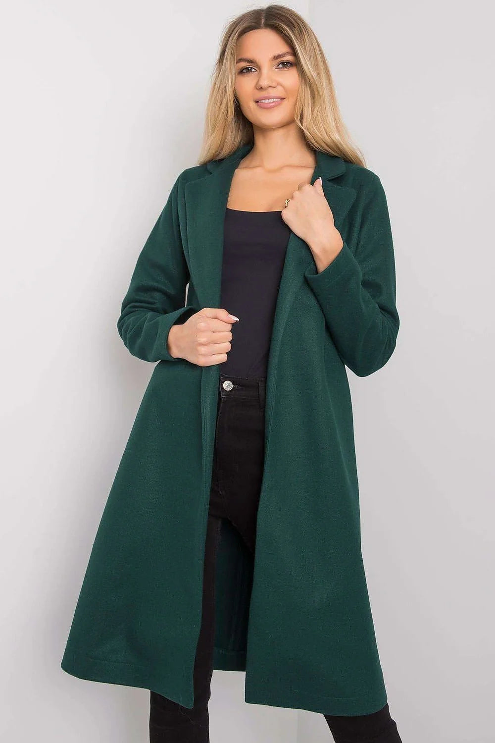 Manteau pour femme élégant long manches longues col revers vert foncé sans fermeture épaules structurées polyester 100% taille ajustable
