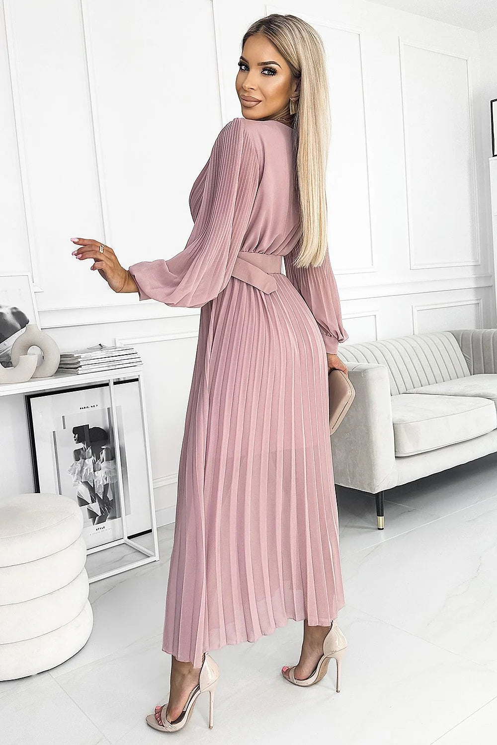 Robe de soirée élégante longue manches longues encolure V croisée rose poudré taille empire ceinture femme Numoco