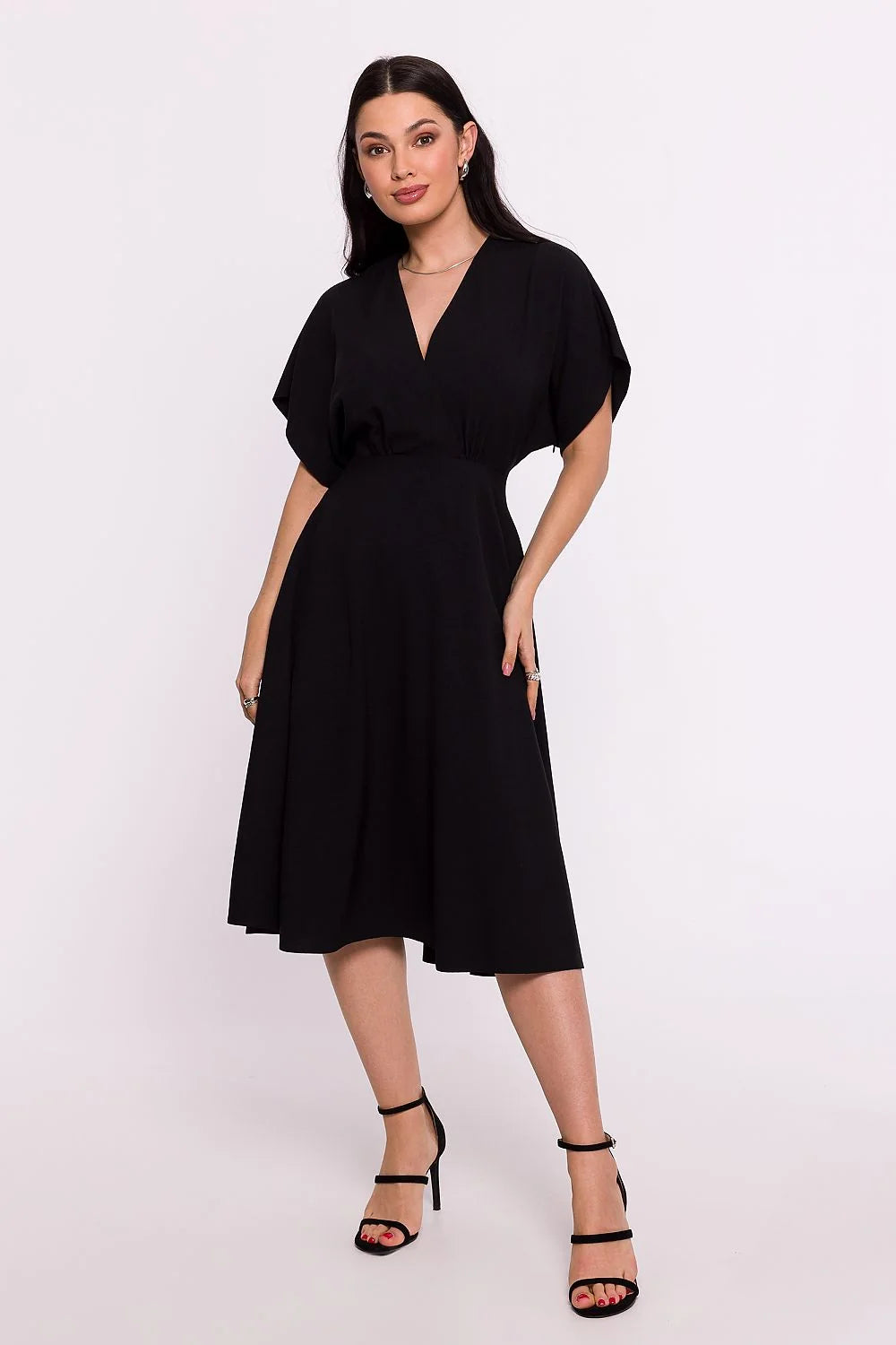 Robe mi-longue noire encolure V manches kimono tissu léger fluide polyester femmes occasionnels décontracté élégant
