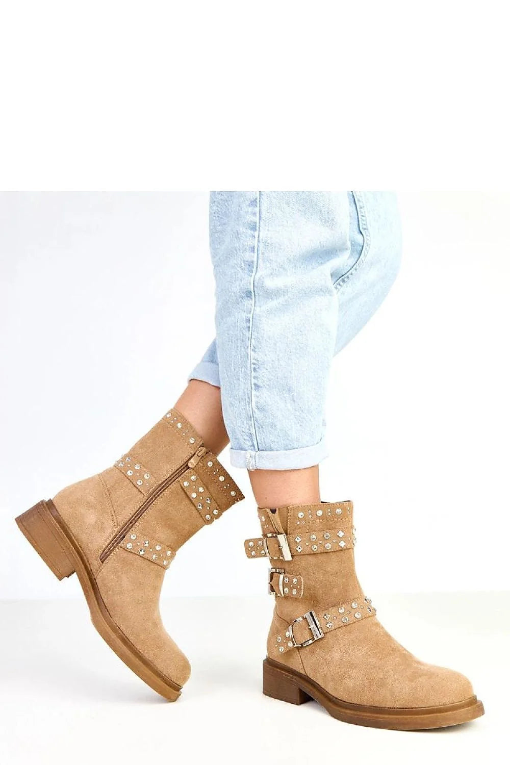 bottines femme cuir écologique suédé camel motard mi mollet bout rond talon bas confortable zippée latérale boucles argentées zircons brillants