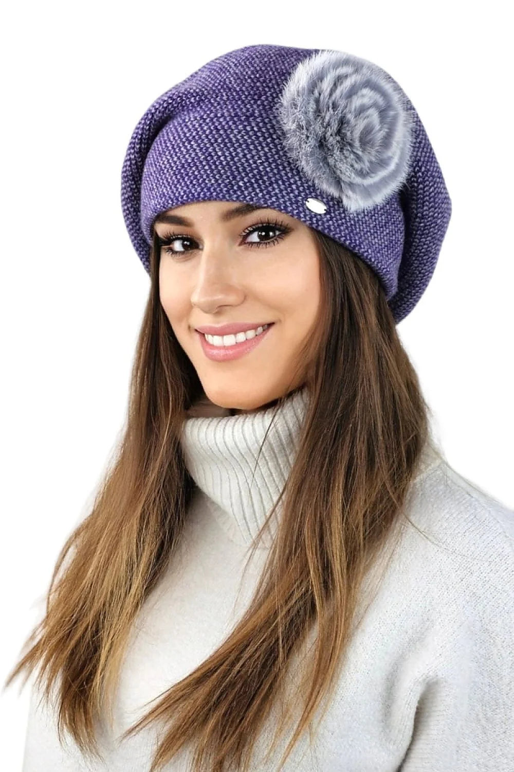 Béret Kamea élégant en laine violette fleur decorative pour femme automne hiver mode accessoire