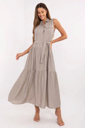 Robe élégante et confortable longue sans manches col chemisier tissu léger couleur sable femme occasion polyvalente