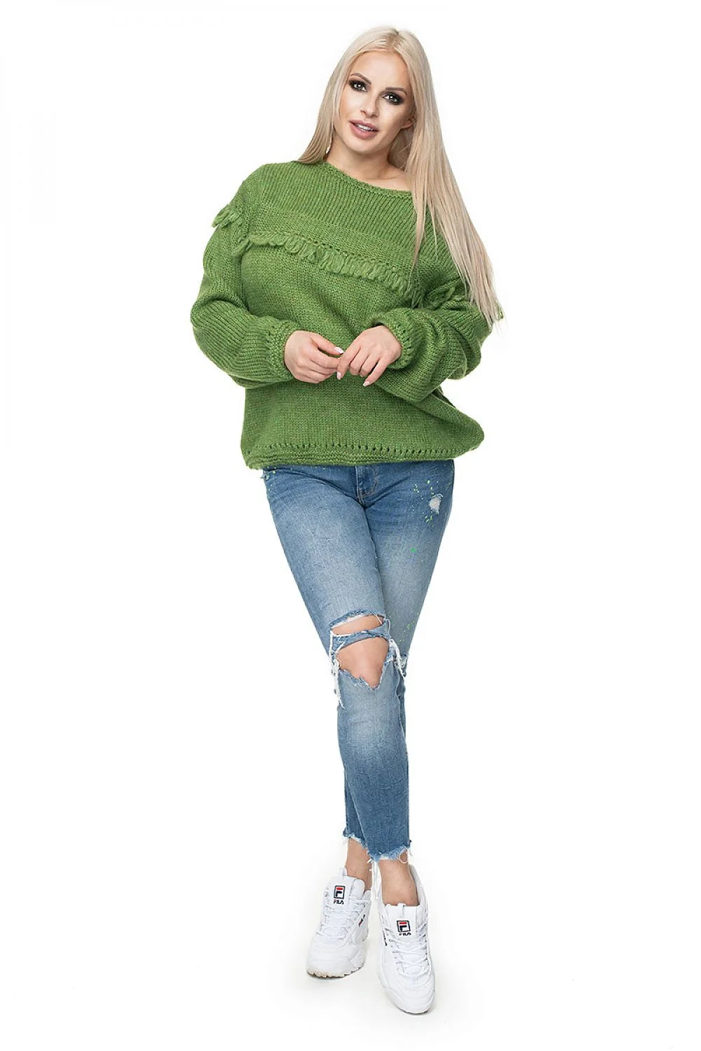 Pull Pee Ka Boo pour femme en maille épaisse couleur framboise vibrante coupe ample manches longues franges décoratives
