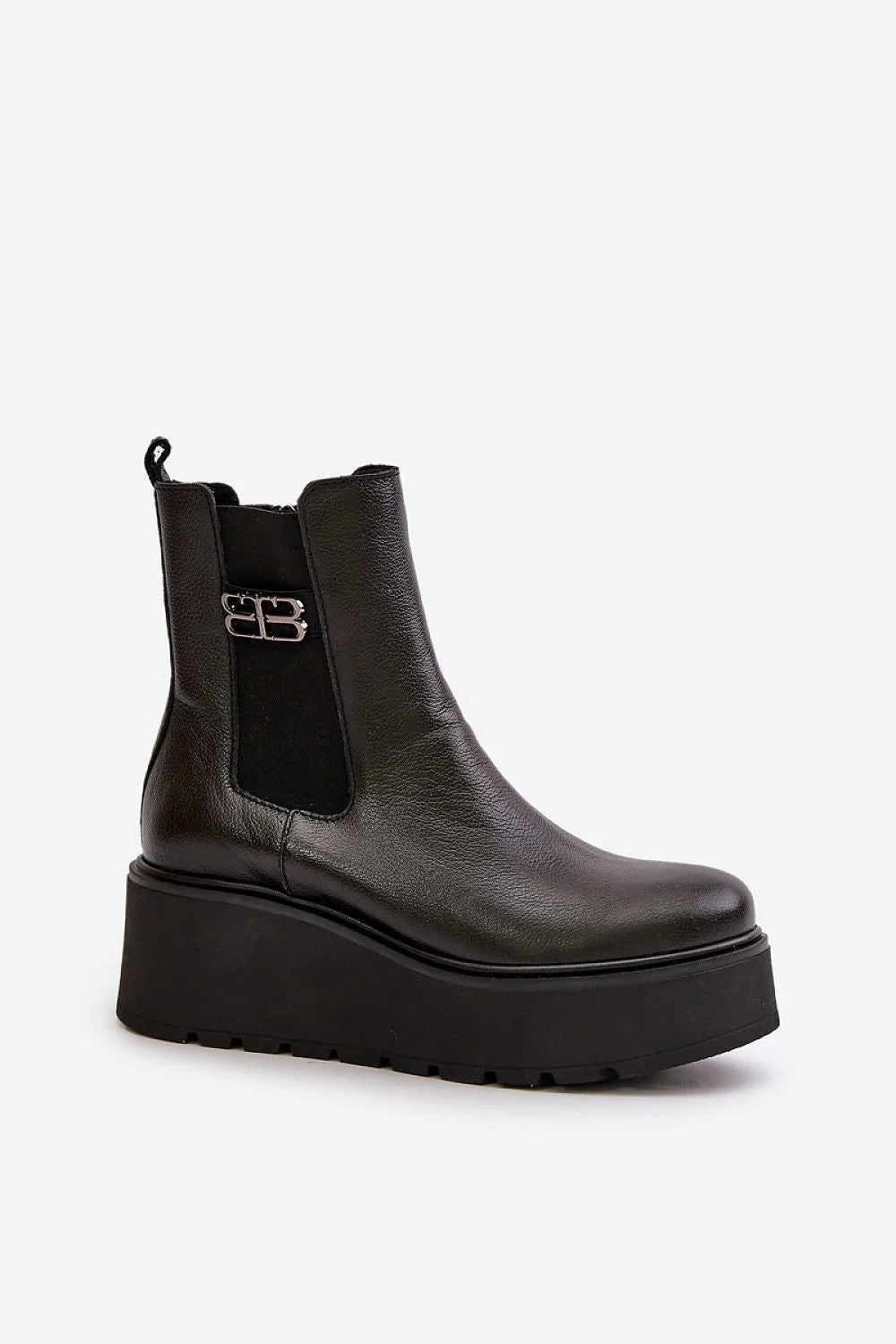 Bottes cothurnes en cuir noir pour femmes, style moderne et élégant, plateforme massive, fermeture éclair latérale, tige décorative, confort et durabilité, look sophistiqué et versatile