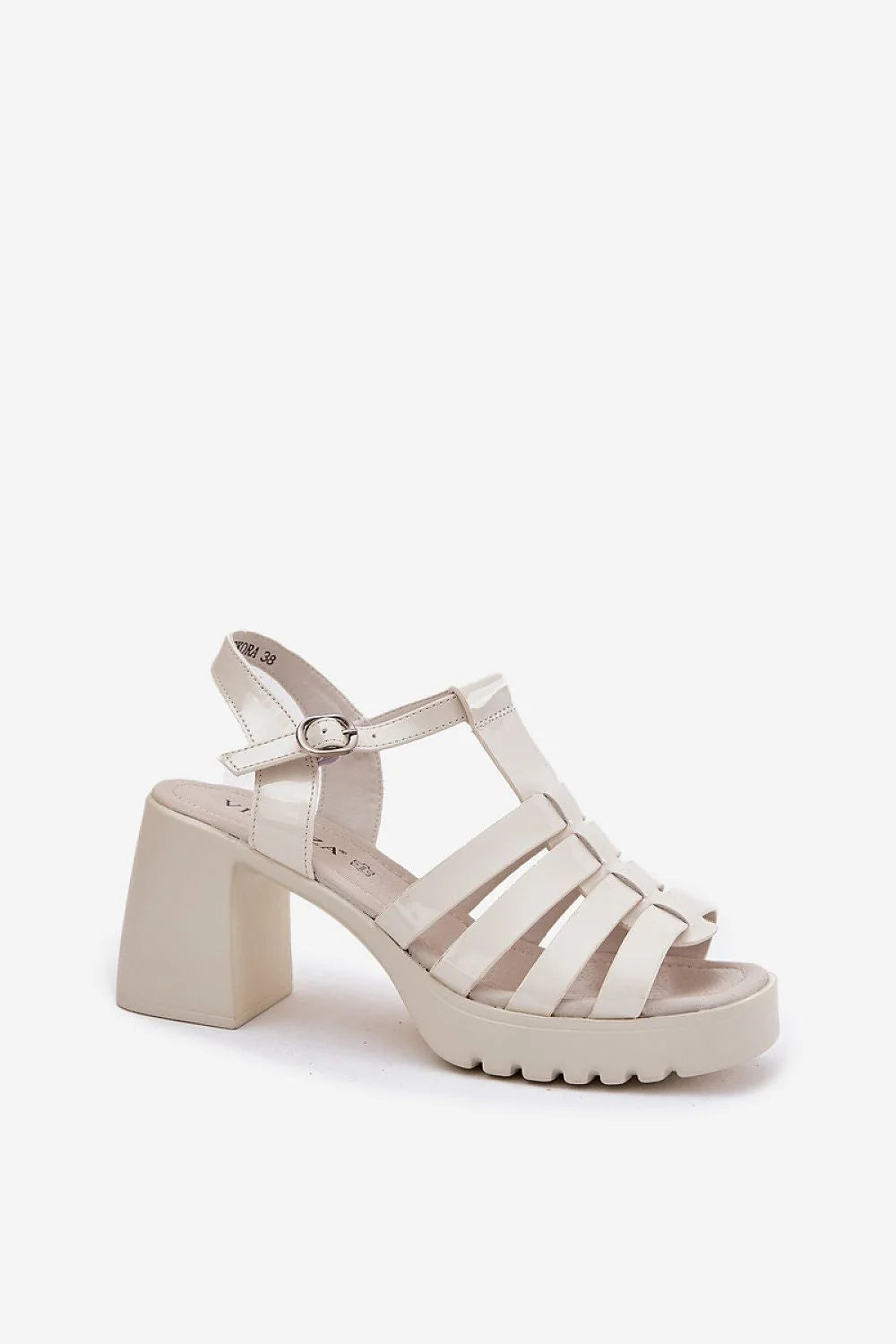 sandales talons block cuir synthétique verni blanc cassé brides multiples fisherman boucle réglable chaîne cheville plateforme semelle crantée confort élégant