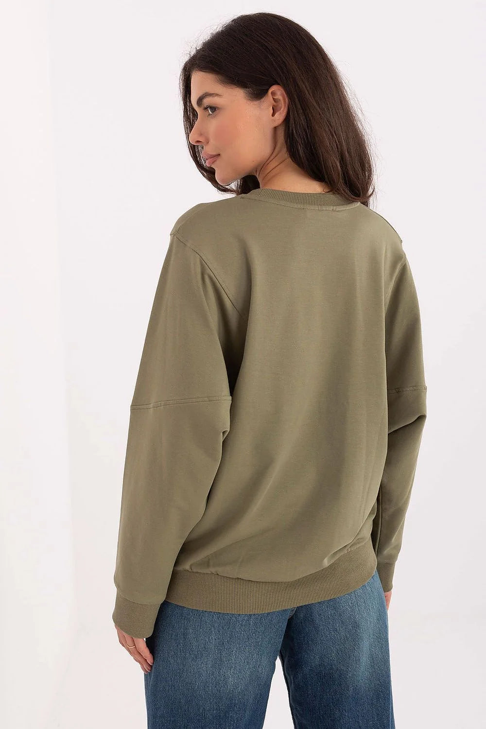 sweatshirt femme oversize kaki manches longues épaules tombantes coupe ample coton élasthanne molleton léger col rond poignets côtelés
