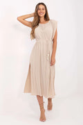 Robe d'été élégante sans manches plissée beigeperlée ceinture bijoux femmes occasion formelle ou décontractée