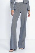 nife pantalon femme tailleur chevrons gris anthracite taille haute coupe évasée polyester viscose double bouton poches latérales plis marqués
