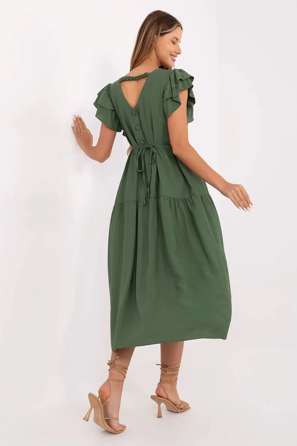 Robe de jour élégante longue manches courtes en V vert olive coupe empire volants femme été