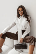 chemise MILO écru femme col lavallière lien nouer plastron cape manches longues poignets boutonnés coupe droite tissu fluide extensible