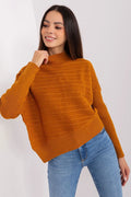 Pull-over femme style décontracté coupe ample col montant côtelé manches longues teinte ocre automne-hiver