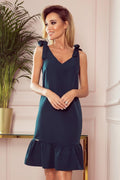 robe fluide bleu canard élégante encolure V bretelles nouées larges ajustables coupe droite ourlet froncé volanté courte