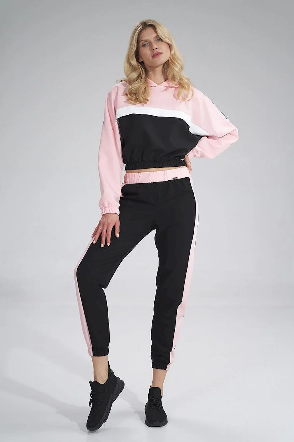 Ensemble sportif femme polyester athleisure confortable chic capuche élastique rose noir blanc survêtement