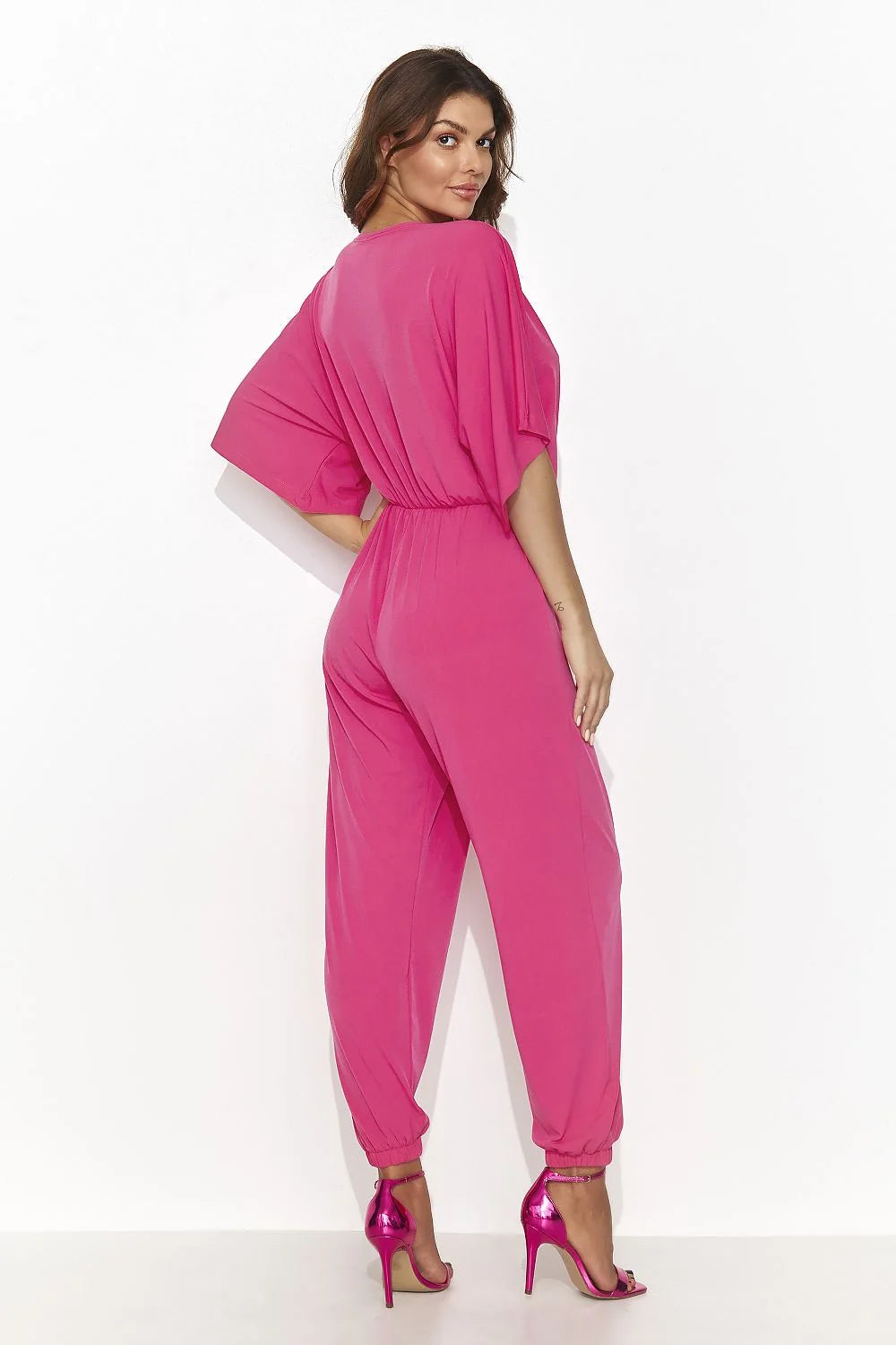 Combinaison Numinou pour femme élégante mode couleur vive rose vif deep V neckline amples manches longues jambes fuselées taille élastique soirée occasion spéciale
