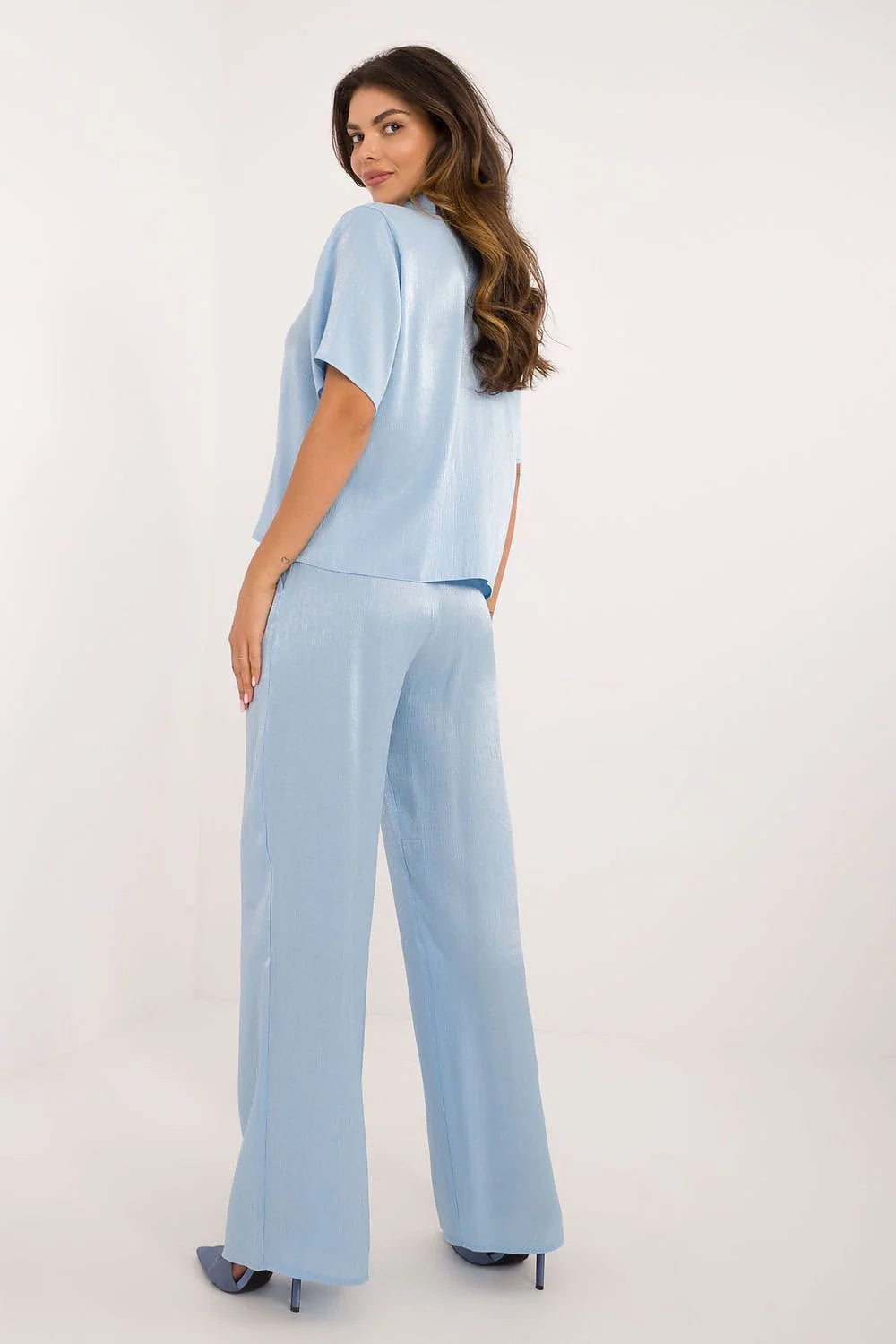 Ensemble Lakerta féminin élégant chemise manches courtes pantalon taille élastique tissu bleu clair mélange coton élasthanne viscose