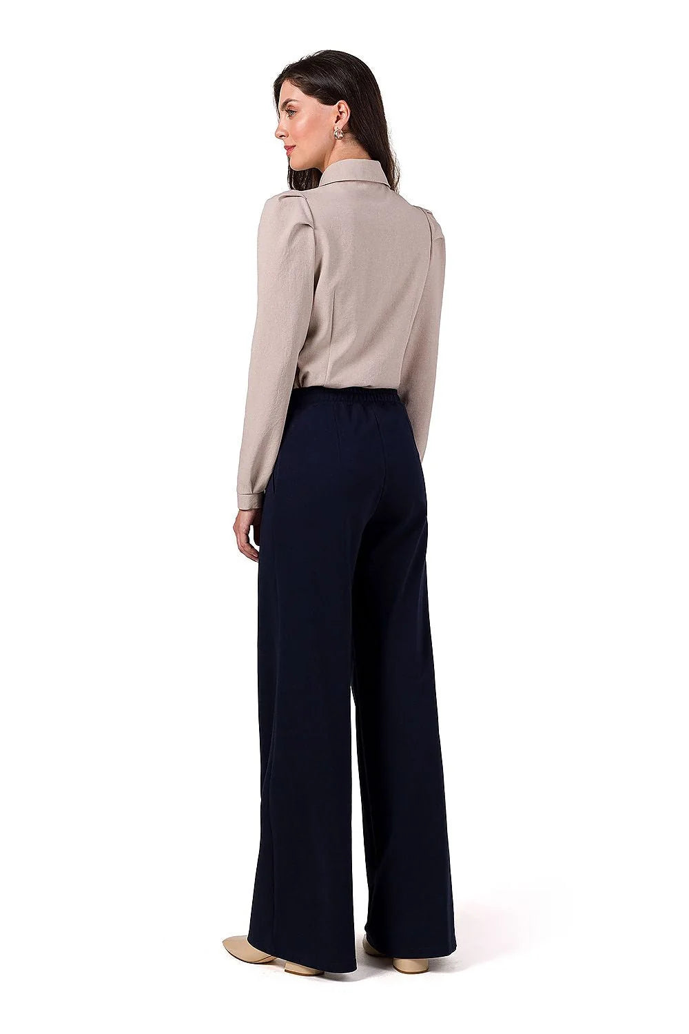 Pantalon femme Be Wear élégant bleu marine maille coton élasthanne taille élastique jambes larges poches latérales coupe moderne style intemporel