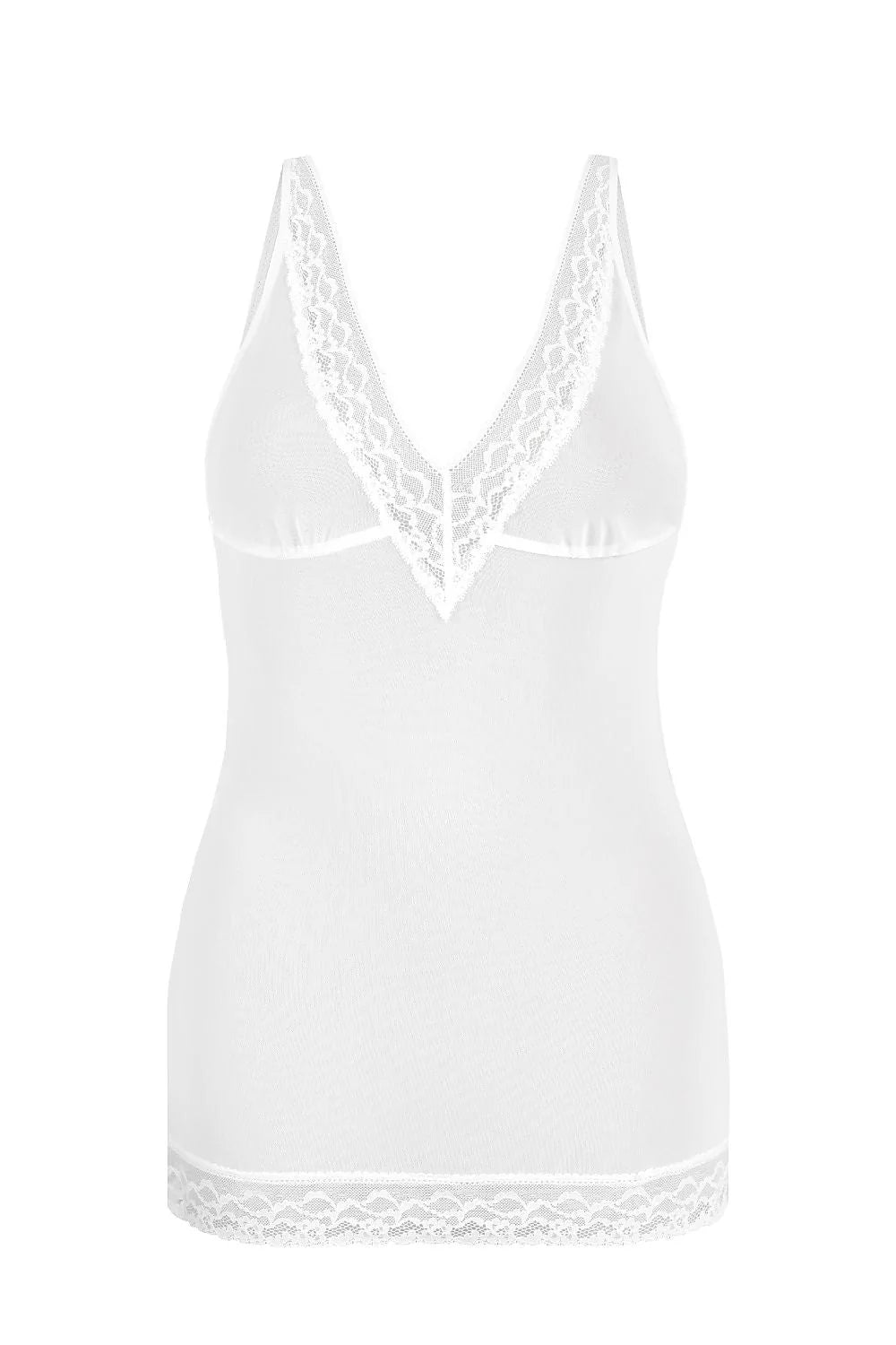 nuisette chemise lingerie résille maille blanche semi transparente courte décolleté V profond dentelle florale empiècement dentelé bretelles réglables fronces poitrine