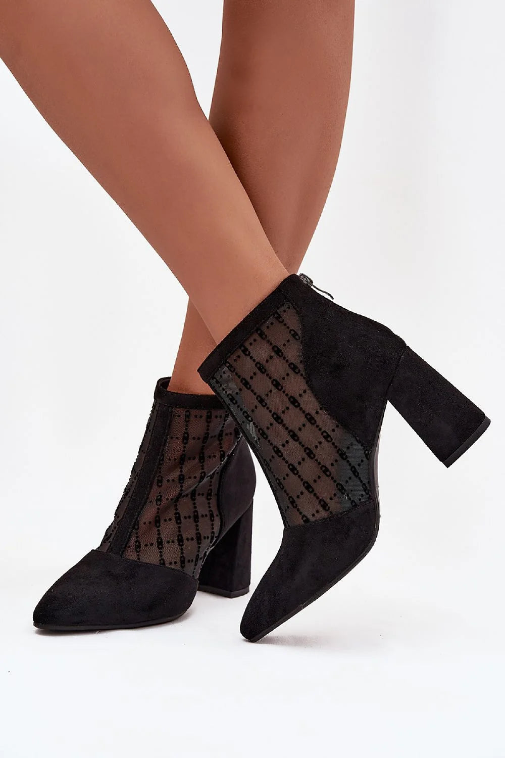 bottines femme suède noir bout pointu talon bloc mihauteur tige mesh transparent motifs géométriques couture zippée maintien confortable soirée élégante