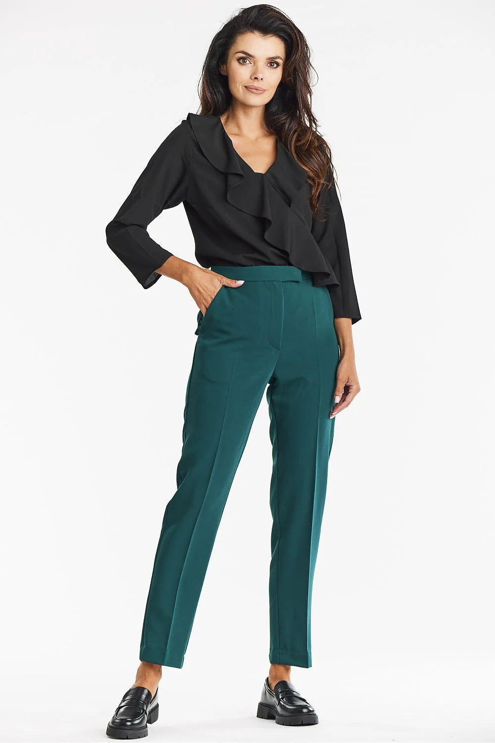 Awama chemisier élégant volants noir col V asymétrique manches trois quarts fluide ajustée hanches ceinture taille haute professionnel soirée