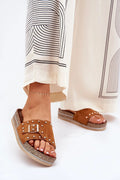 Sandales pour femmes style mule suédine écologique camel boucle dorée plateforme 3.5 cm confort été