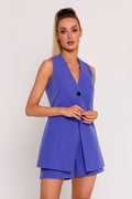 ensemble féminin sophistiqué veste sans manches longue gilet short ajusté bleu électrique structuré tissu doux col V profond