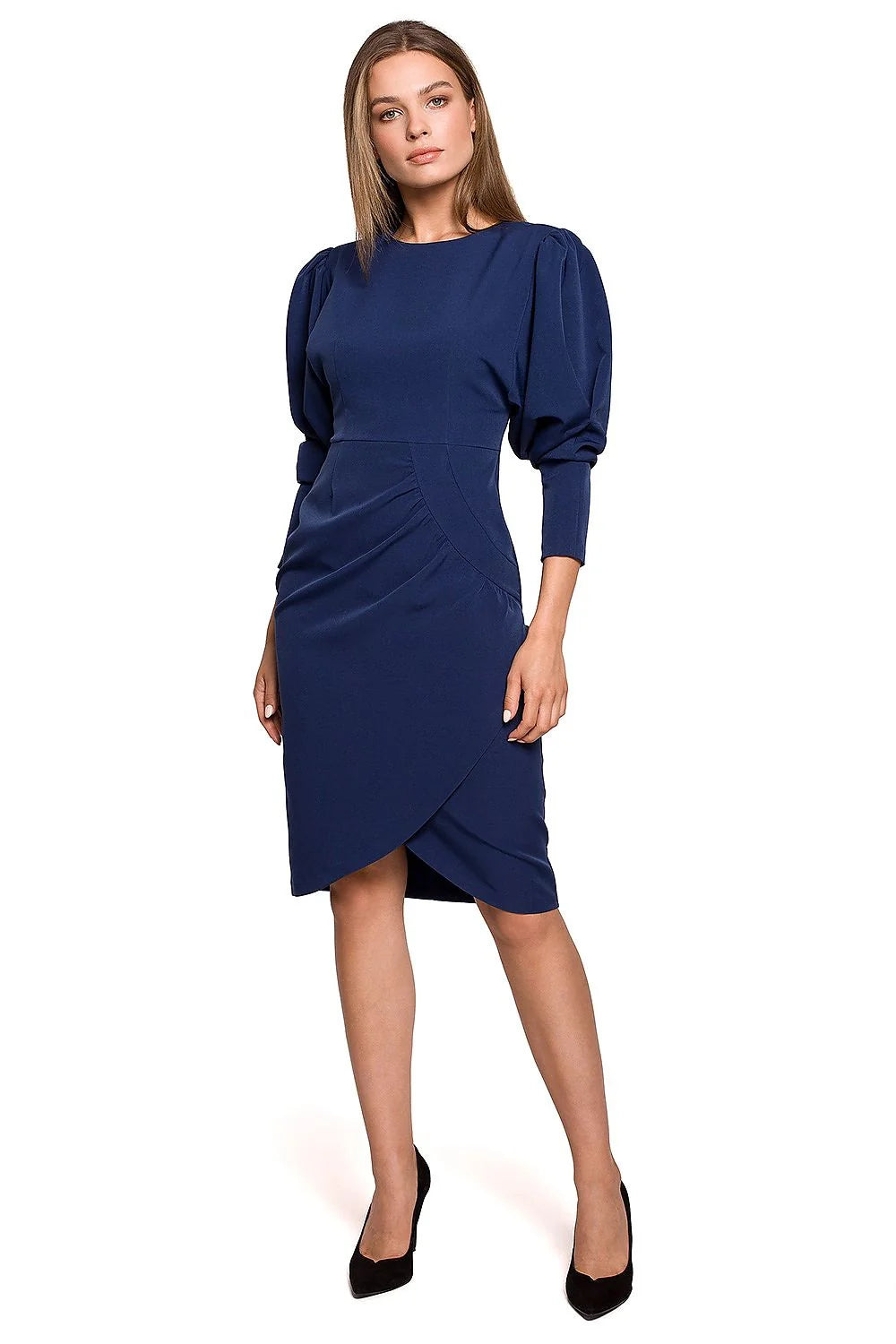 robe élégante terre cuite femme midi fourreau coupe ajustée taille marquée jupe portefeuille asymétrique tulipe manches mi longues