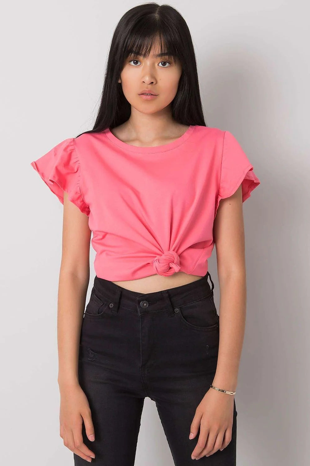 chemisier femme crop noué devant fuchsia manches courtes volants encolure ronde coton lycra stretch cintré taille haute léger respirant