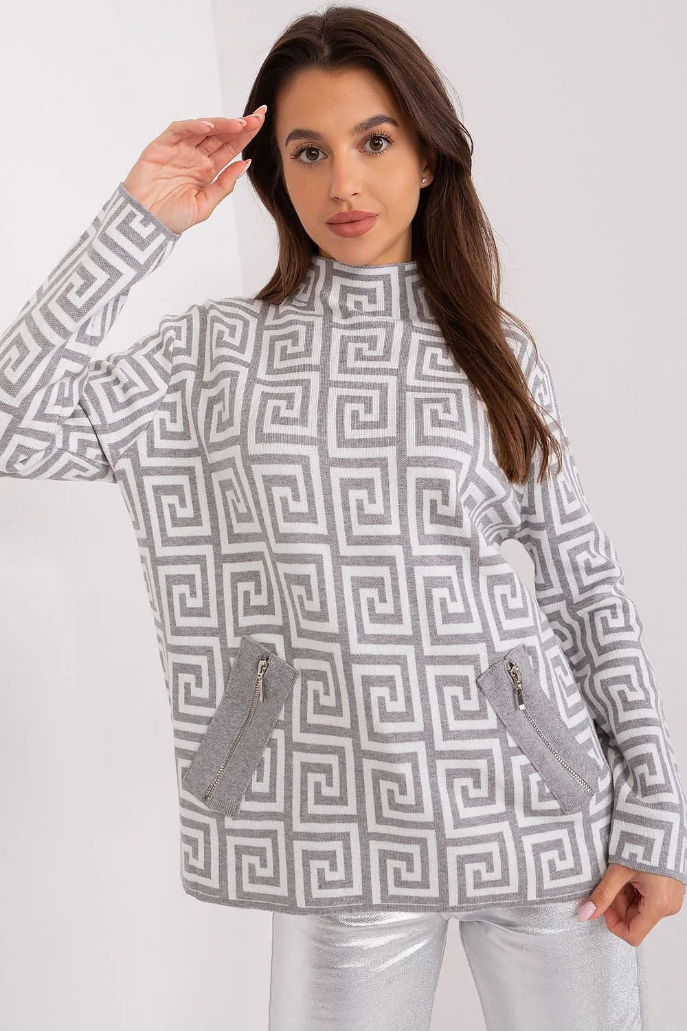 Pull femme Chandail AT design géométrique motif labyrinthe manches longues poches zippées en tricot doux automne hiver