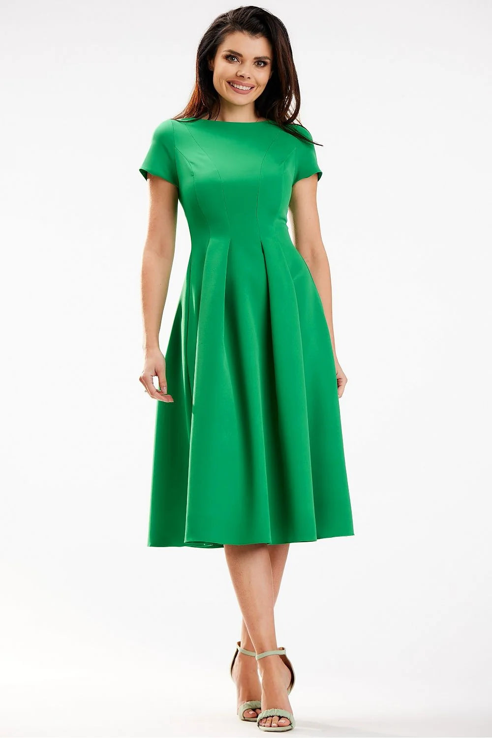 Robe élégante awama midi manches courtes en vert vif dos zip élasthanne polyester coupe ajustée femmes