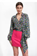 Jupe courte rosé vif polyester élasthanne imprimé floral moderne cache-cœur manches longues ceinture ajustée soirée événements