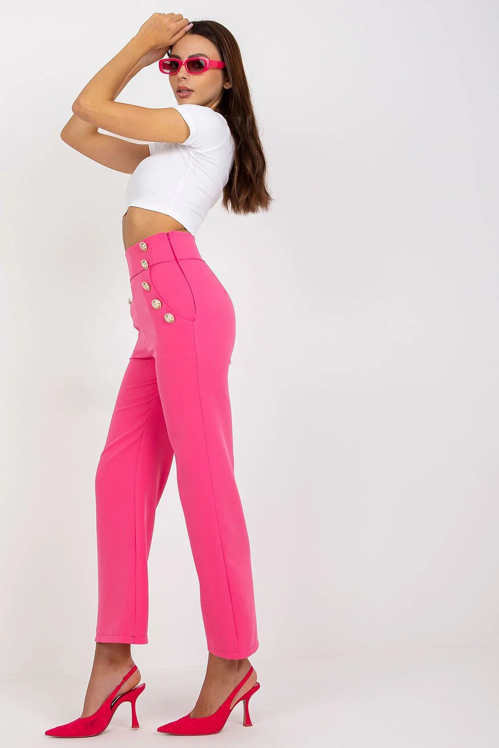 pantalon femme taille haute évasé long beige sable double rangée boutons dorés marin structuré extensible polyester élasthanne cintré sophistiqué