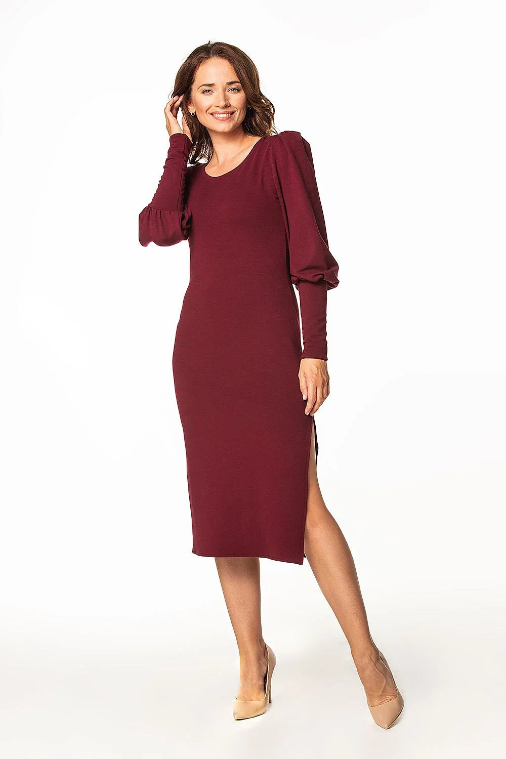 Robe de jour Tessita style élégant longueur midi manches longues couleur bordeaux femme coton polyester ajustable